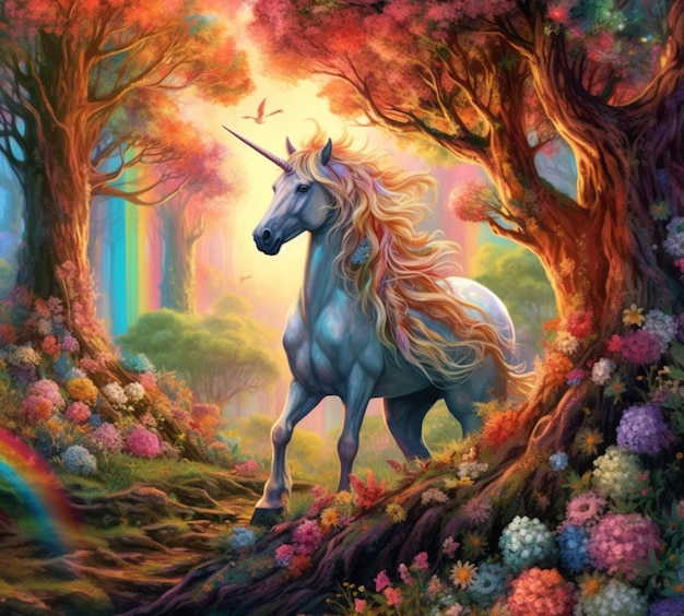 Dipinto di un unicorno in una foresta con un arcobaleno generativo ai