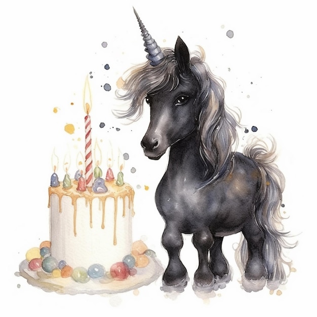 Dipinto di un unicorno nero con una torta di compleanno e candele ai generativa