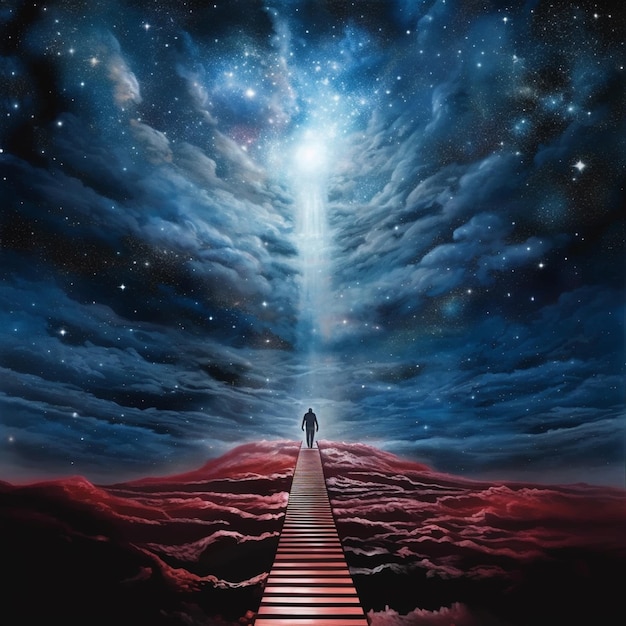 dipinto di un uomo che sale una scala verso un cielo pieno di stelle luminose
