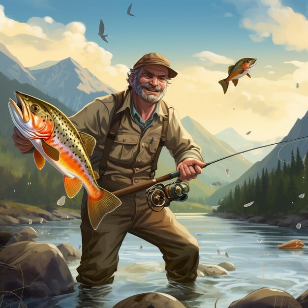 dipinto di un uomo che tiene un pesce in un fiume con una montagna sullo sfondo