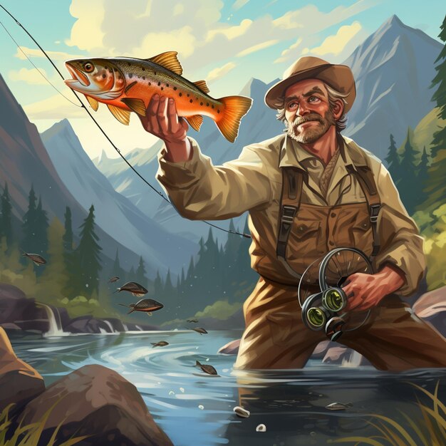 dipinto di un uomo che tiene un pesce in un fiume con una mosca che genera intelligenza artificiale