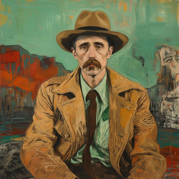 dipinto di un uomo con un cappello e un mantello da trincea seduto su una panchina generativo ai