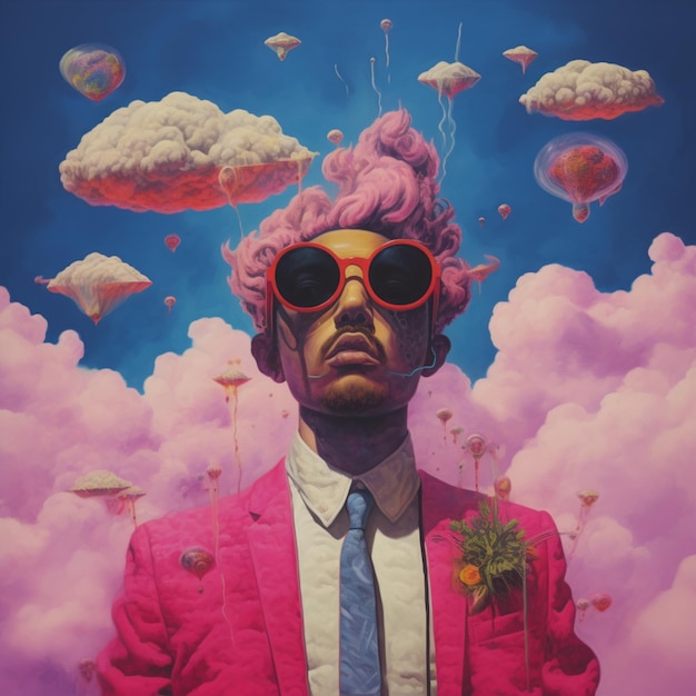 dipinto di un uomo con una parrucca rosa e occhiali da sole di fronte a un cielo pieno di nuvole generativo ai