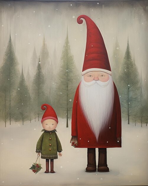 dipinto di un uomo e di un bambino vestiti da Babbo Natale in una foresta innevata
