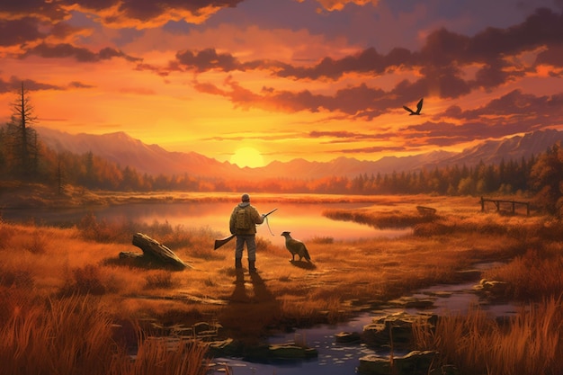 dipinto di un uomo e il suo cane che pescano in un lago al tramonto ai generativa