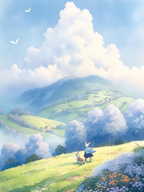 dipinto di un uomo e un cane su una collina con una montagna sullo sfondo generativo ai
