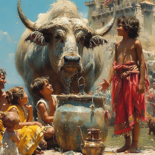 dipinto di un uomo e un ragazzo in piedi accanto a una mucca