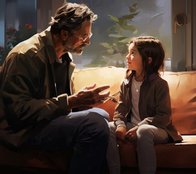 dipinto di un uomo e una bambina seduti su un divano generativ ai