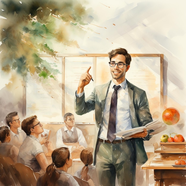 dipinto di un uomo in abito e cravatta che dà una lezione generativa ai