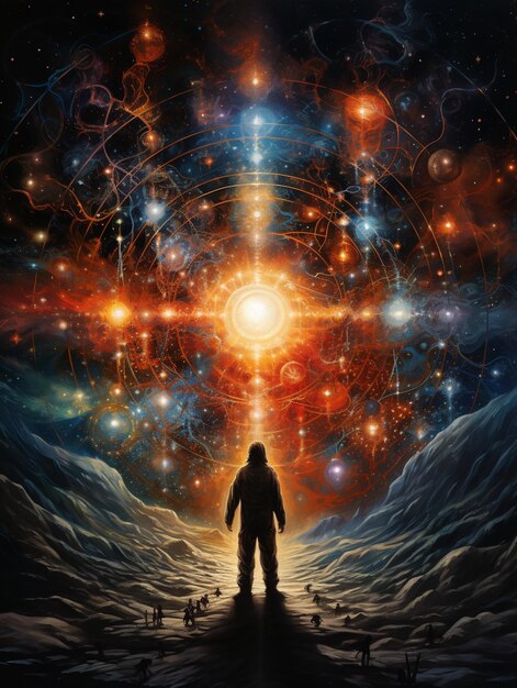dipinto di un uomo in piedi di fronte a un grande cielo pieno di stelle generativo ai