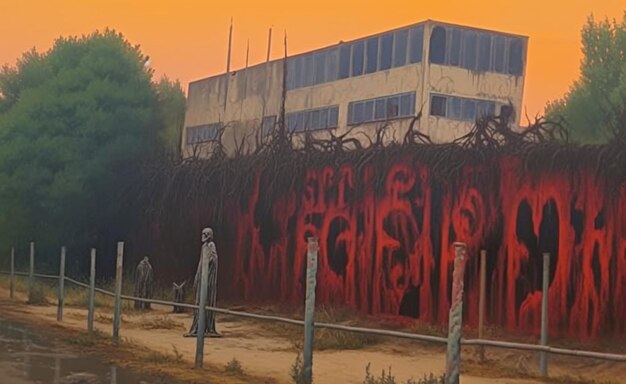 dipinto di un uomo in piedi di fronte a una recinzione con graffiti su di esso generativo ai