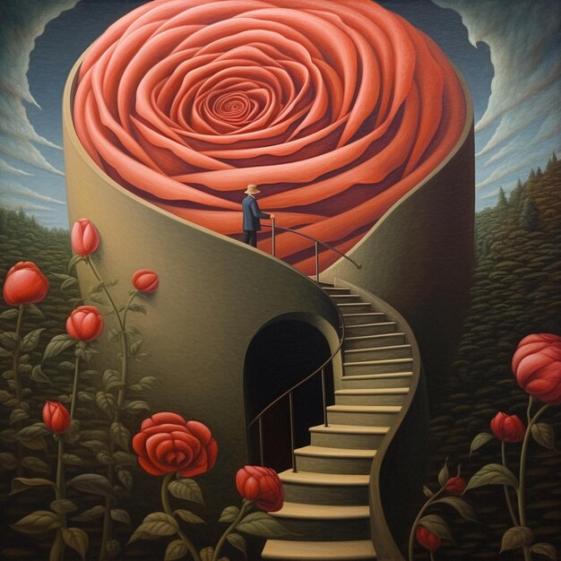 dipinto di un uomo in piedi su una scala che porta a una gigantesca rosa generativa ai