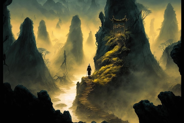 Dipinto di un uomo in piedi sulla cima di una montagna con sullo sfondo l'IA generativa