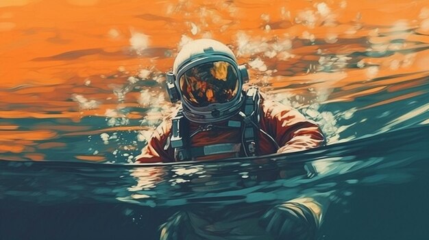 Dipinto di un uomo in tuta spaziale che galleggia nell'acqua generativa ai