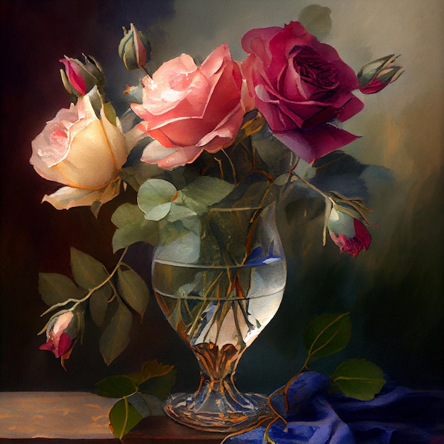 Dipinto di un vaso con dentro delle rose su un tavolo generativo ai