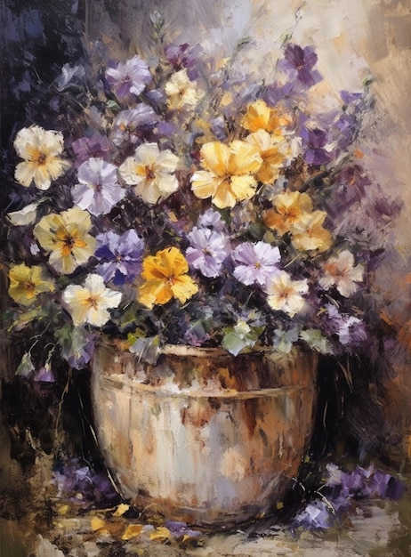 dipinto di un vaso di fiori con fiori viola e gialli ai creativi