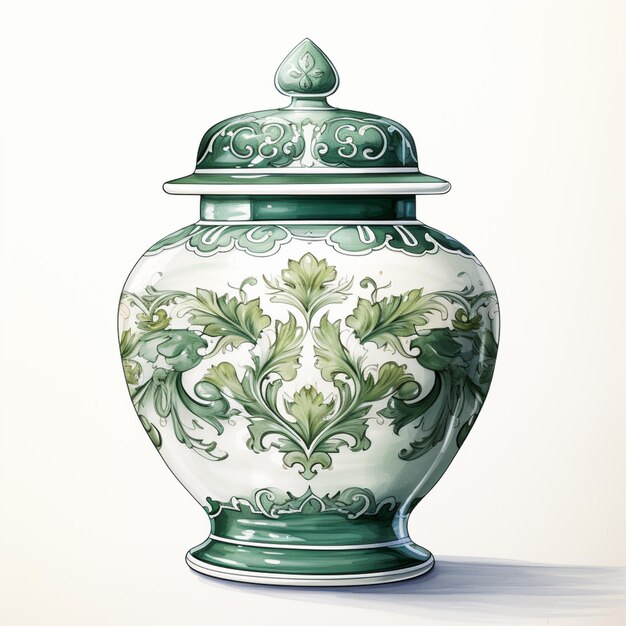 dipinto di un vaso verde e bianco con coperchio generativo ai