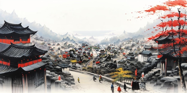Dipinto di un villaggio cinese con molte persone che passeggiano per l'intelligenza artificiale generativa