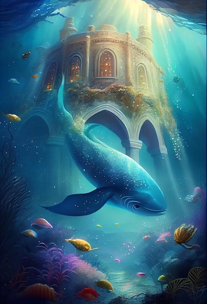 Dipinto di una balena che nuota nell'oceano con un castello sullo sfondo ai generativo