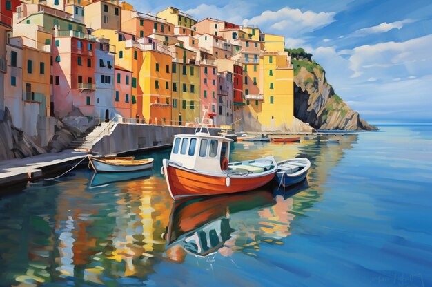 dipinto di una barca ormeggiata in un porto con una città sullo sfondo ai generativa