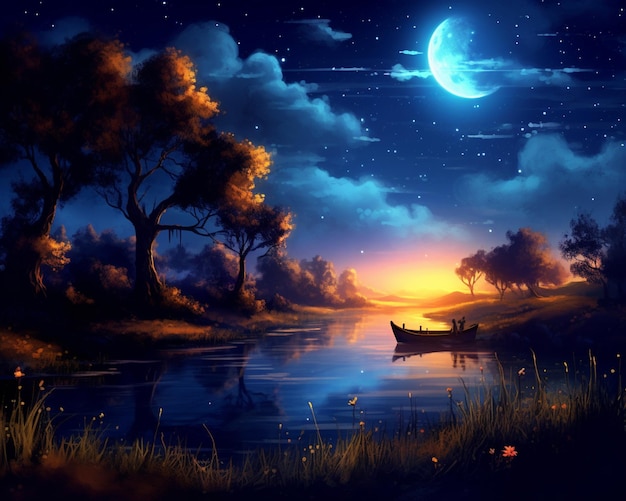 dipinto di una barca su un lago di notte con la luna piena ai generativa