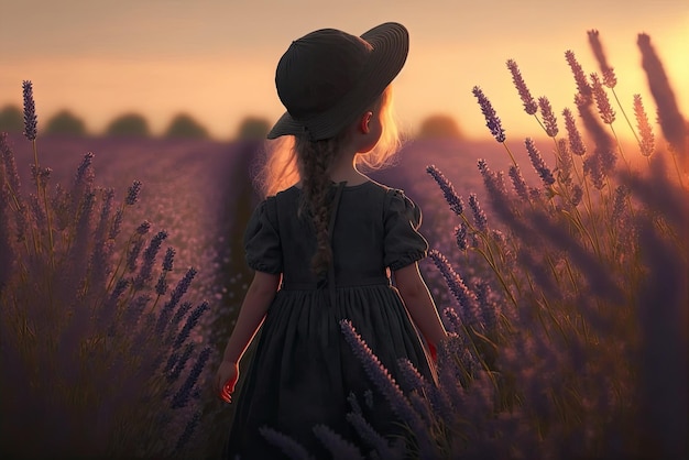 Dipinto di una bella ragazza che cammina in un campo di belle lavande al tramonto Ai generato