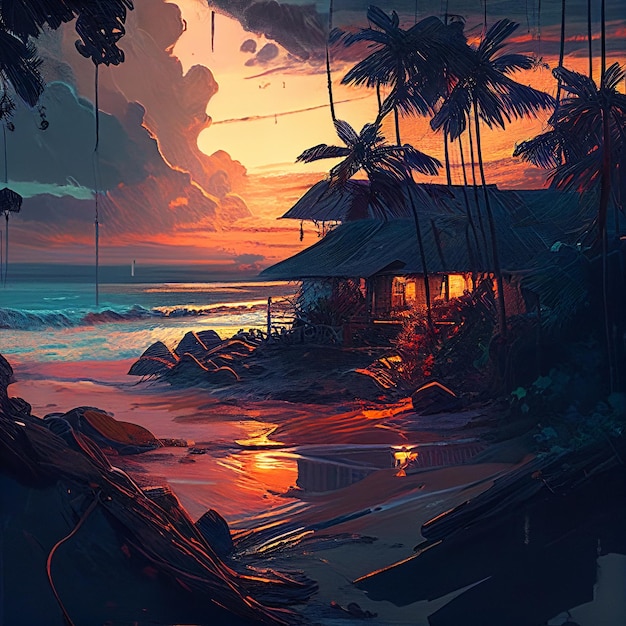 Dipinto di una casa con vista spiaggia al tramonto generativo ai