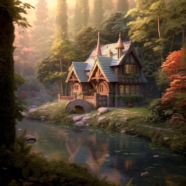 Dipinto di una casa nel bosco con un ponte su un fiume generativo ai