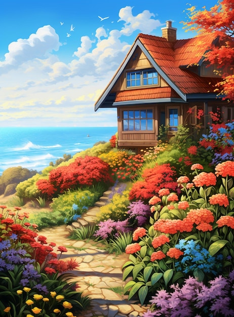 dipinto di una casa su una collina che si affaccia sull'oceano generativo ai.
