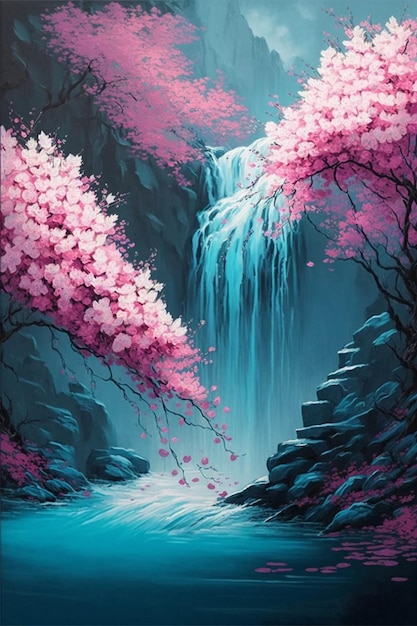 Dipinto di una cascata con fiori rosa generativa ai