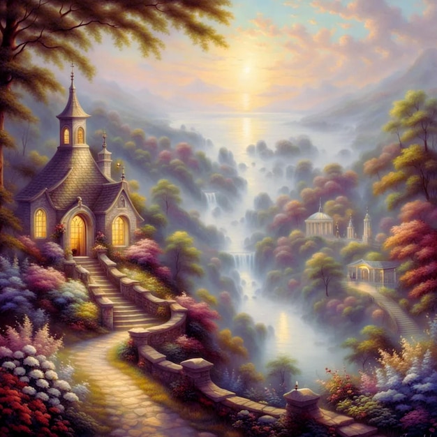 Dipinto di una chiesa in mezzo a montagne panoramiche