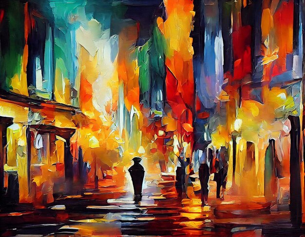 dipinto di una coppia che cammina per una strada della città di notte generativo ai
