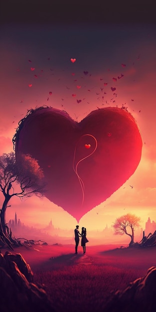 Dipinto di una coppia in piedi di fronte albero a forma di cuore generativo ai