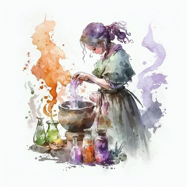 Dipinto di una donna che cucina una pentola di cibo con un fuoco generativo ai