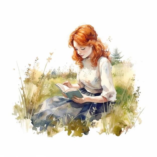 dipinto di una donna che legge un libro in un campo generativo ai