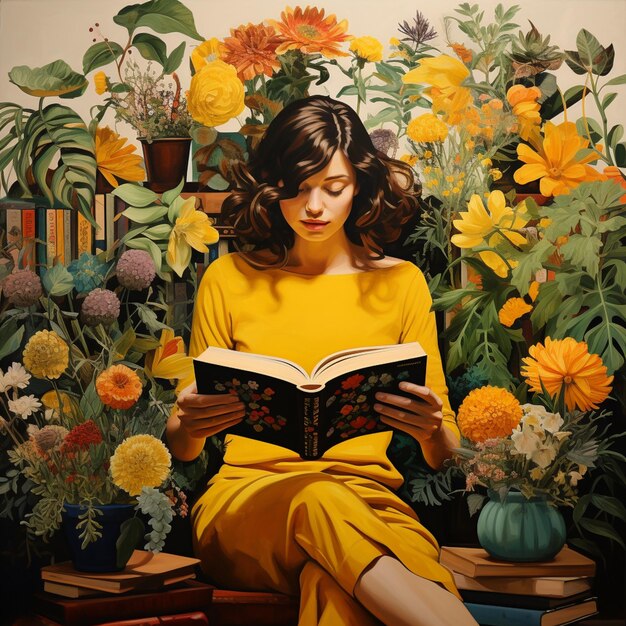 dipinto di una donna che legge un libro in un giardino di fiori generativo ai