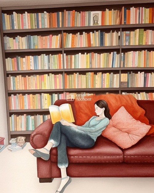 dipinto di una donna che legge un libro su un divano davanti a uno scaffale generativo ai