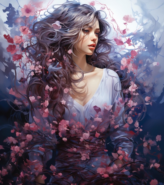 dipinto di una donna con capelli lunghi e fiori tra i capelli ai generativi