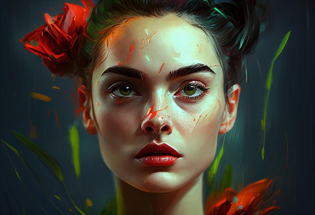 Dipinto di una donna con fiori tra i capelli Stile artistico soprannaturale con illuminazione volumetrica di Rossdraw e volto dettagliato con labbra rosse IA generativa
