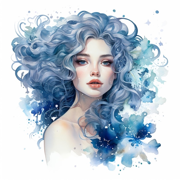 Dipinto di una donna con i capelli blu e gli occhi azzurri generativa ai