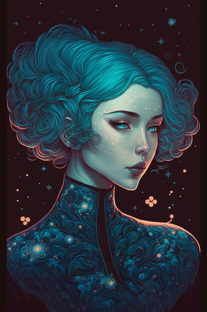 Dipinto di una donna con i capelli blu generativa ai