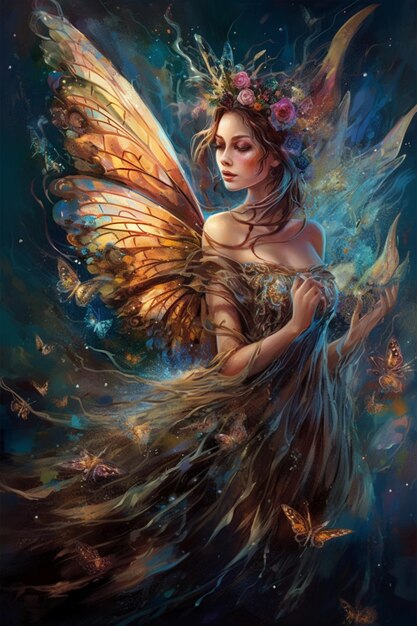dipinto di una donna con le ali di una farfalla e una corona di fiori generativo ai