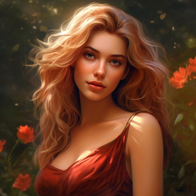 dipinto di una donna con lunghi capelli biondi e vestito rosso generativo ai