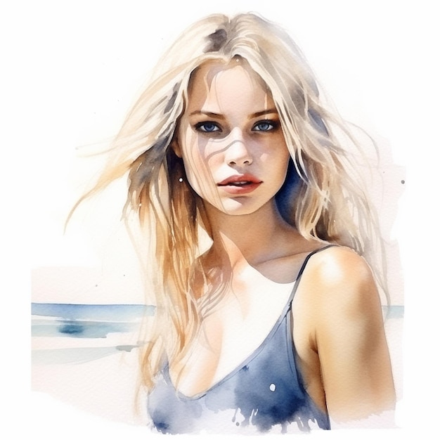 Dipinto di una donna con lunghi capelli biondi sulla spiaggia generativa ai