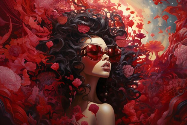 dipinto di una donna con occhiali da sole rossi e fiori nei capelli generativo ai