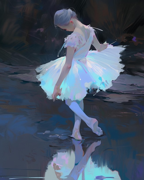 dipinto di una donna con un vestito bianco che cammina attraverso una pozzanghera generativa ai