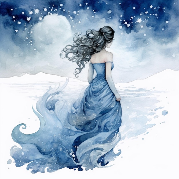 Dipinto di una donna con un vestito blu che cammina nella neve generativa ai