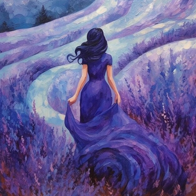 dipinto di una donna con un vestito viola che cammina attraverso un campo generativo ai