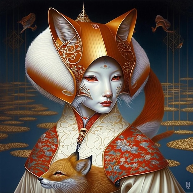 Dipinto di una donna con una volpe e un gatto in una stanza generativa ai