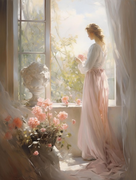 dipinto di una donna in piedi davanti a una finestra con un vaso di fiori generativo ai